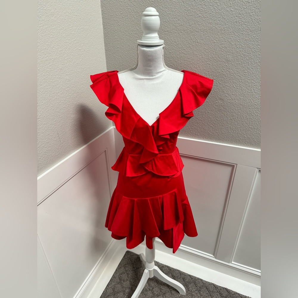 Rebecca Taylor Cotton Ruffle Mini Cocktail Dress Candy Apple Red Size 0